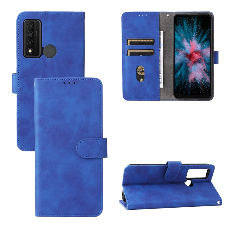 Blue leather magnetic flip phone case with card slots and folding stand
