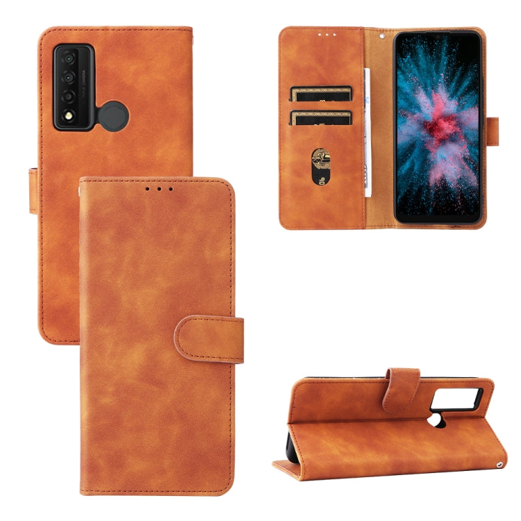Tan leather magnetic flip phone case with card slots and kickstand