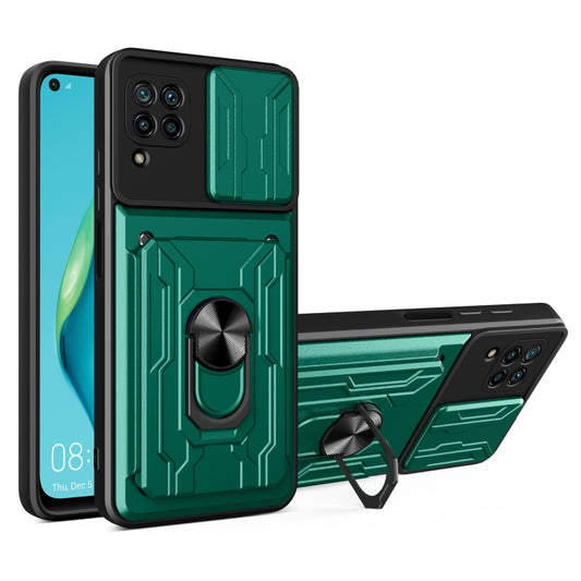 Dark green sliding card phone case with raised camera shield and metal ring holder
