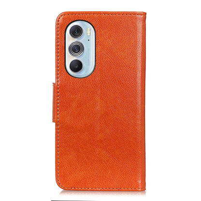 Orange leather phone case with camera cutout and flip cover, textured finish