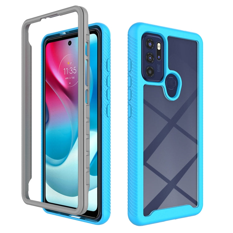 Light blue PC + TPU phone case with textured bumper and camera cutout for Moto G60S