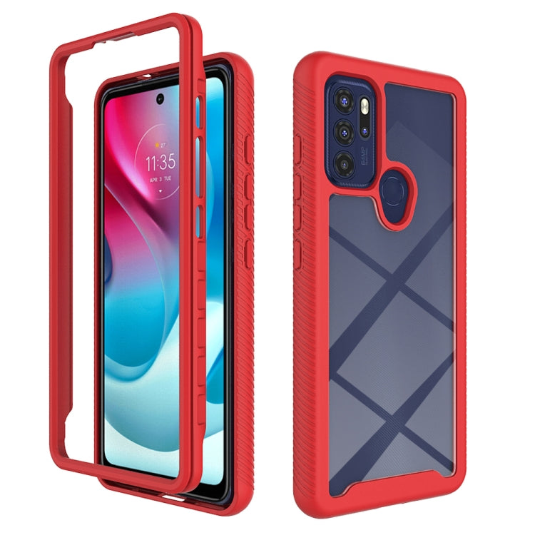 Red PC + TPU phone case with textured bumper and camera cutout for Moto G60S