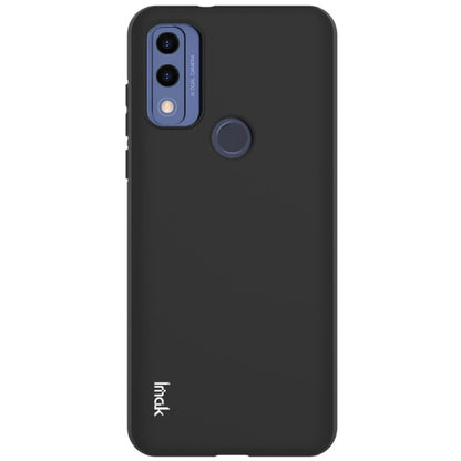 Black frosted TPU phone case, rear view with dual camera cutouts and circular ring