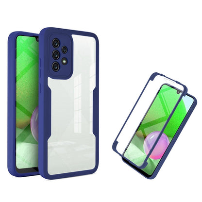 Shockproof full-coverage phone case with dark blue frame, white back, and screen protector