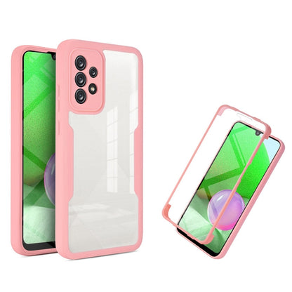 Shockproof full-coverage phone case with pink frame, white back, and screen protector