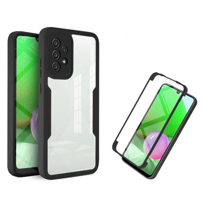 Shockproof full-coverage phone case with black frame, white back, and screen protector