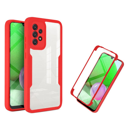 Shockproof full-coverage phone case with red frame, white back, and screen protector