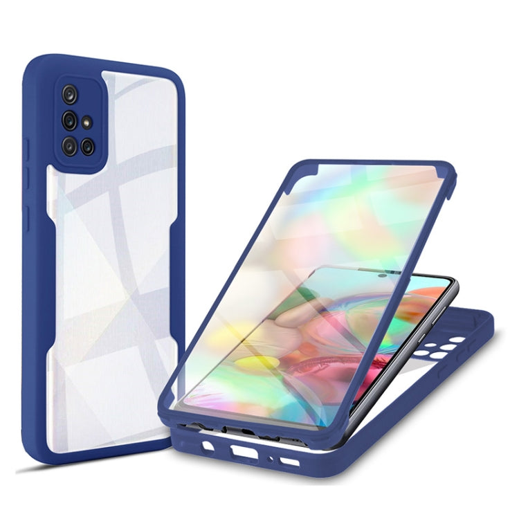 Shockproof full-coverage phone case with navy blue frame and clear screen cover