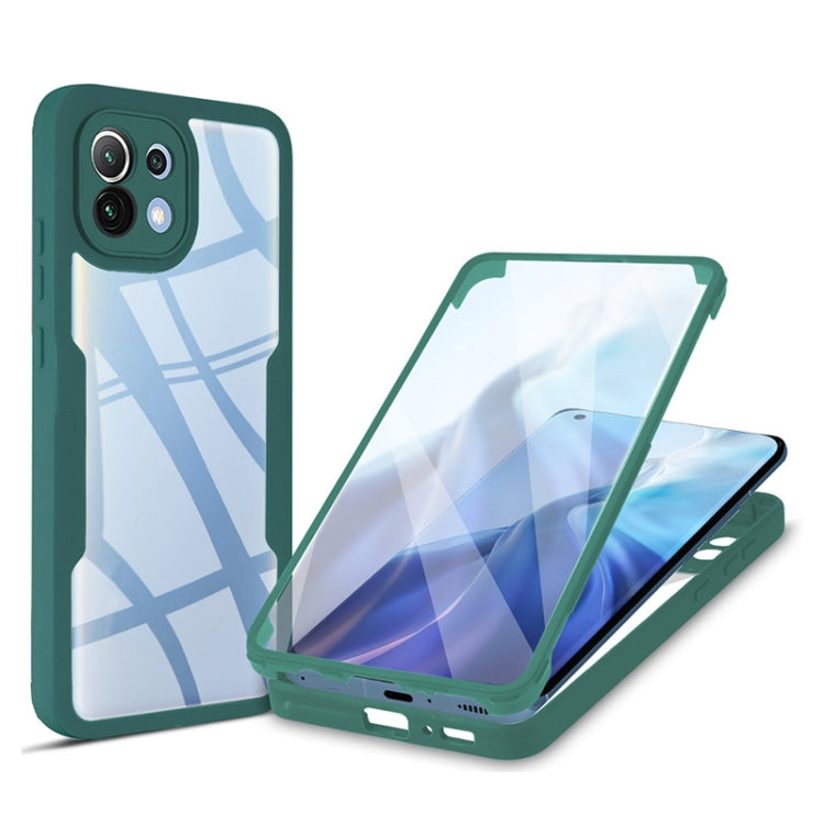 Green shockproof phone case with clear screen cover, raised corners, camera cutouts visible