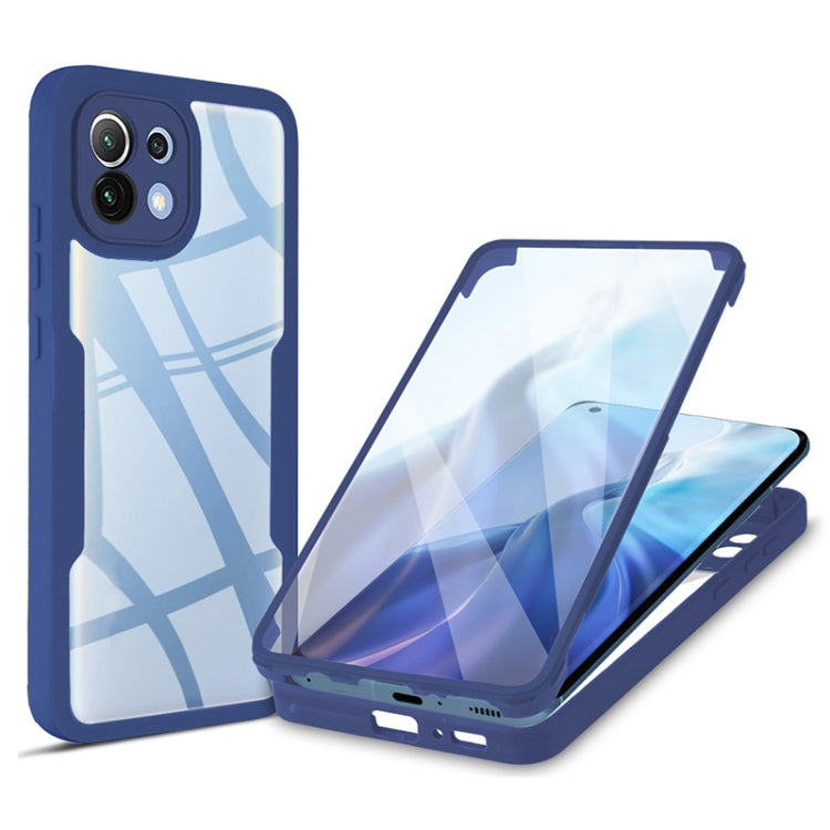 Blue shockproof phone case with clear screen cover, raised edges, camera cutouts visible