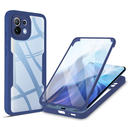 Blue shockproof phone case with clear screen cover, raised edges, camera cutouts visible