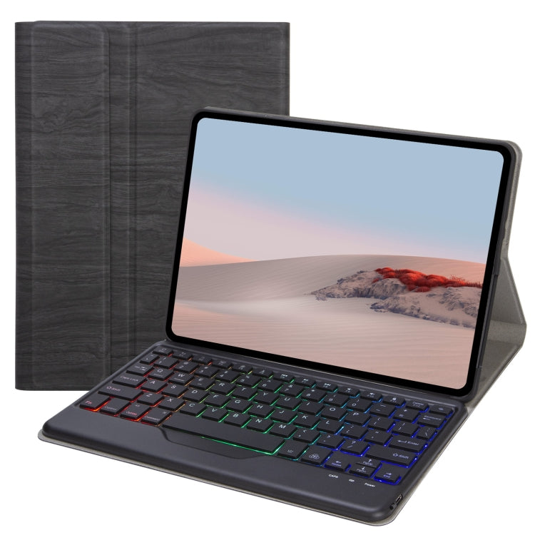 Tri-color backlit Bluetooth keyboard folio case with dark wood-texture cover and stand