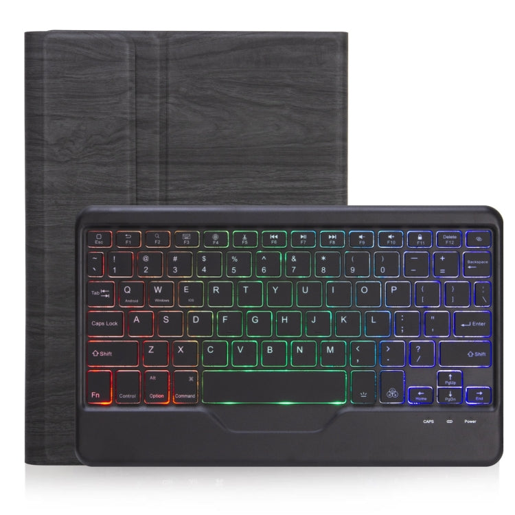 Bluetooth keyboard folio case showing tri-color backlit keys with wood-texture back cover
