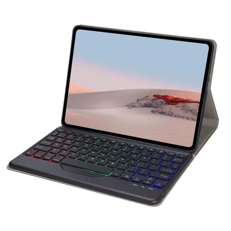 Backlit Bluetooth keyboard folio case open with dark wood-texture outer cover