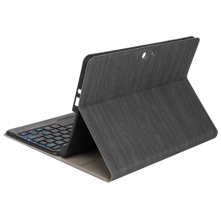 Dark wood-texture leather folio stand with cutout tab and angled viewing position