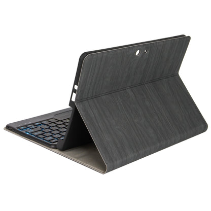 Dark wood-texture leather folio stand with cutout tab and angled viewing position