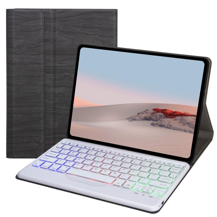 Tri-color backlit Bluetooth keyboard folio case with white keys and dark wood-texture cover