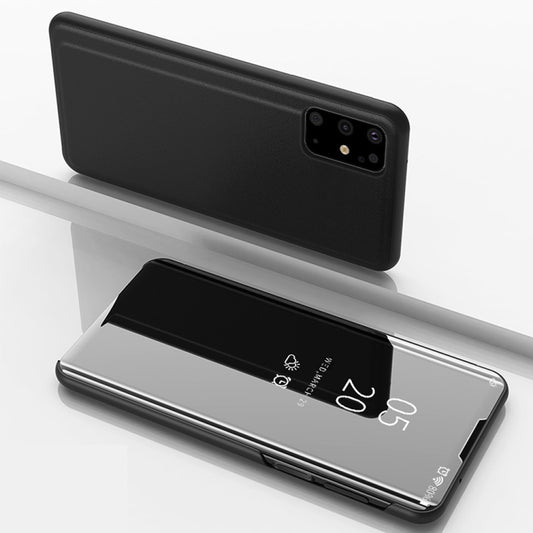 Black plated mirror flip leather phone case with holder, closed and open view