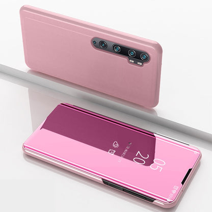 Pink horizontal flip leather phone case with mirror panel and camera cutouts