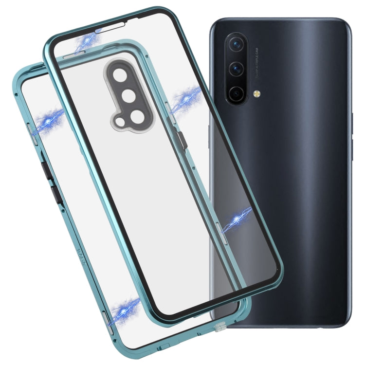 Full cover magnetic tempered glass phone case with teal/green frame, front and back protection