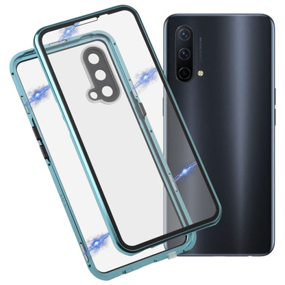 Full cover magnetic tempered glass phone case with teal/green frame, front and back protection