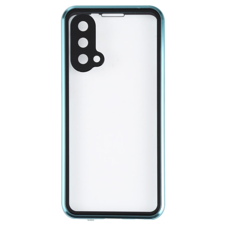Full cover magnetic tempered glass phone case, teal/green border with camera cutout view