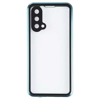 Full cover magnetic tempered glass phone case, teal/green border with camera cutout view