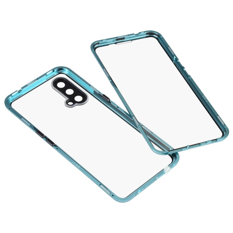 Full cover magnetic tempered glass phone case with teal/green frame, front and back angles