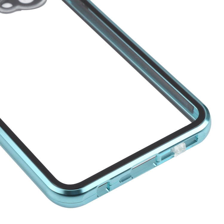 Full cover magnetic tempered glass phone case, teal/green edge with side buttons cutouts