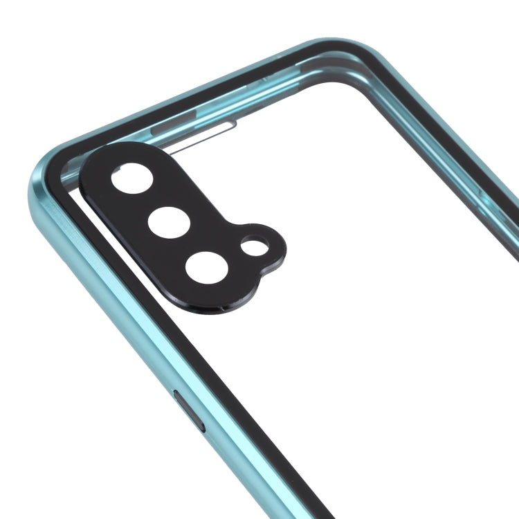 Full cover magnetic tempered glass phone case with teal/green back panel and camera cutout