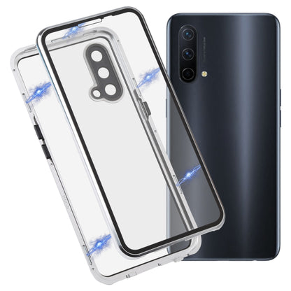 Full cover magnetic tempered glass phone case with silver/clear frame, front and back protection