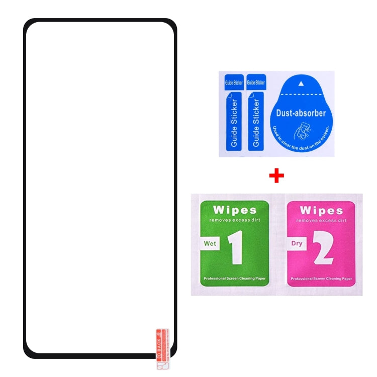 Tempered glass screen protector with installation accessories: dust sticker and cleaning wipes