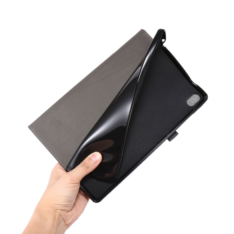 Grey fabric PU tablet case for Nokia T20, folded cover held in hand