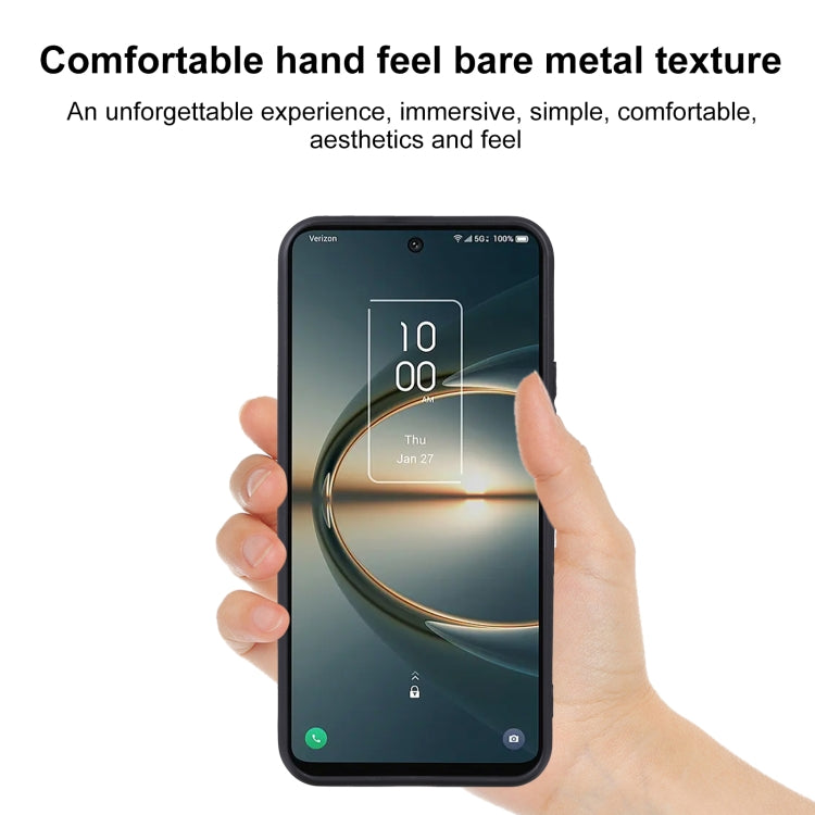 Black TPU phone case with textured side grips, shown on a phone in hand.
