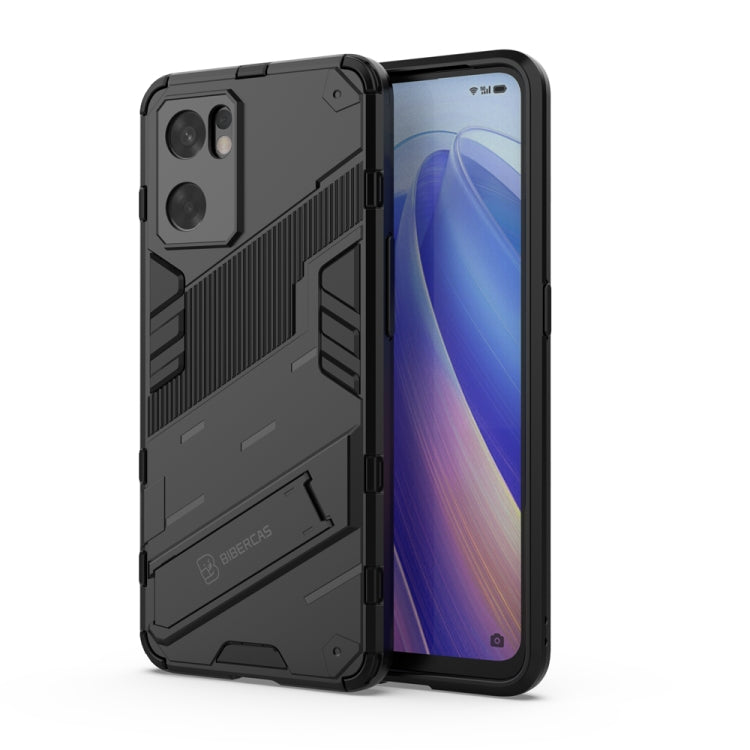 Rugged shockproof phone case with invisible holder, black, side rails and raised corners