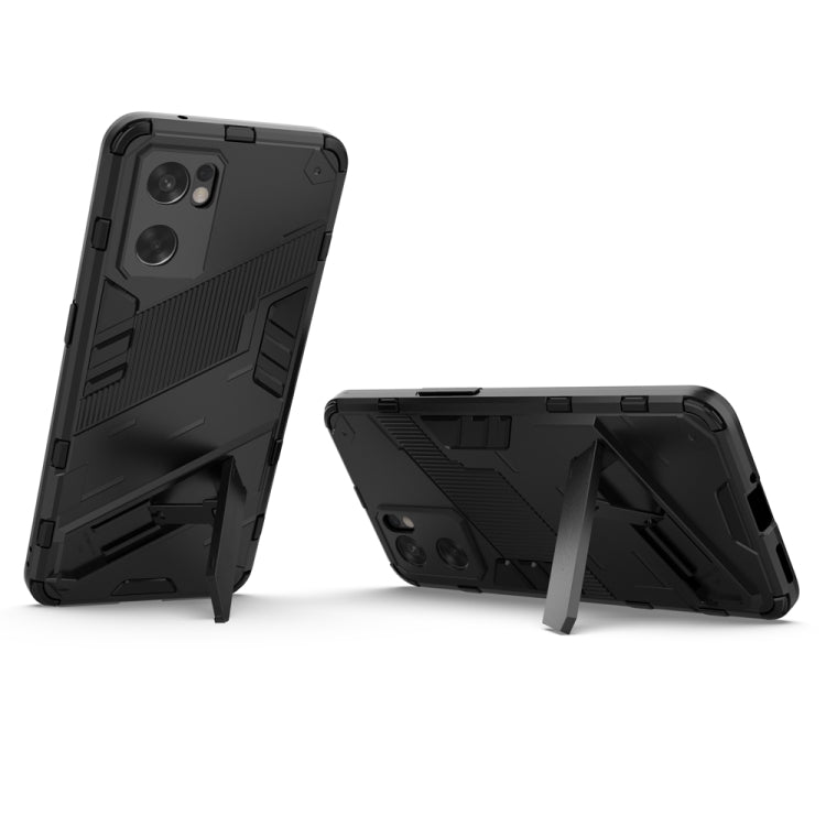 Rugged shockproof phone case with kickstand-style holder, black, angled viewing