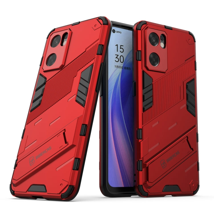 Rugged shockproof phone case with invisible holder, red, dual-layer armor design