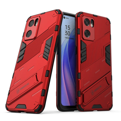 Rugged shockproof phone case with invisible holder, red, dual-layer armor design