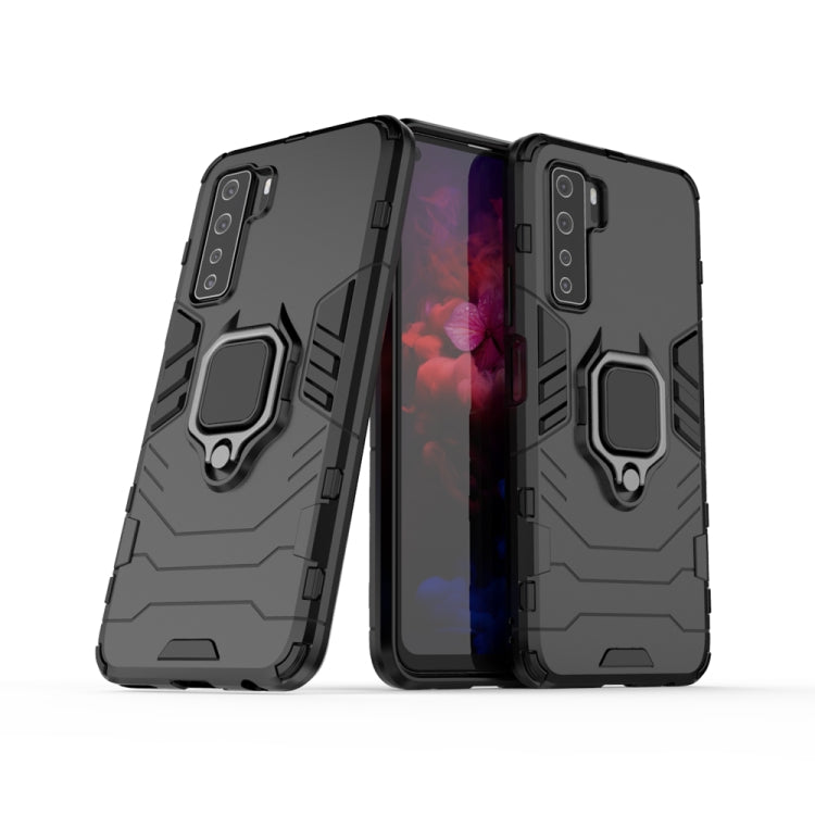 Black rugged phone case with magnetic ring holder, shockproof armor and camera cutouts