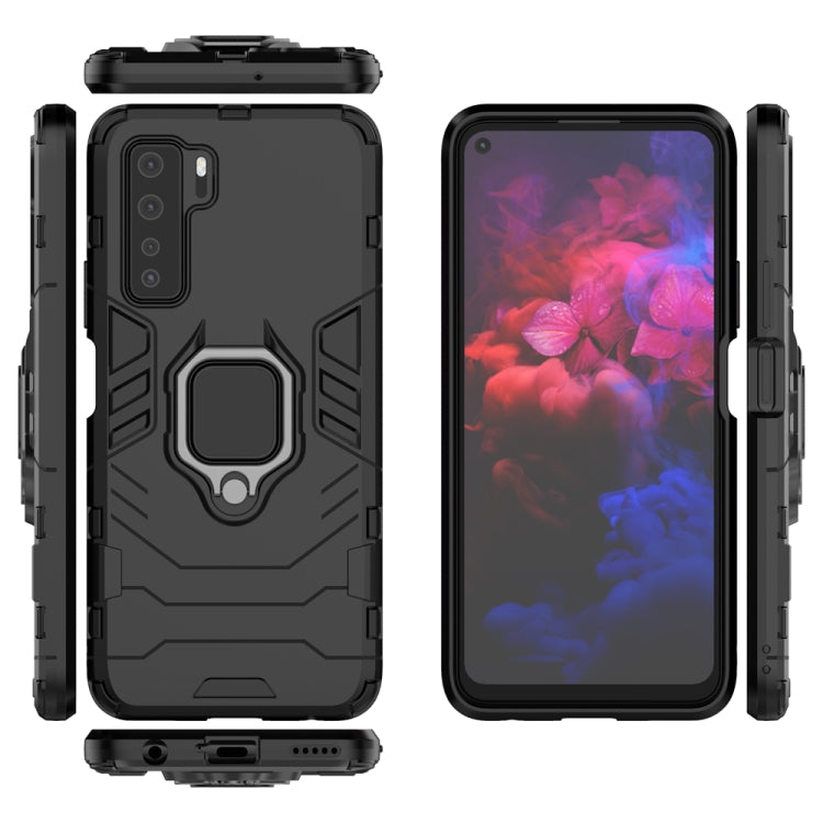 Rugged black phone case with magnetic ring holder; side buttons and port cutouts