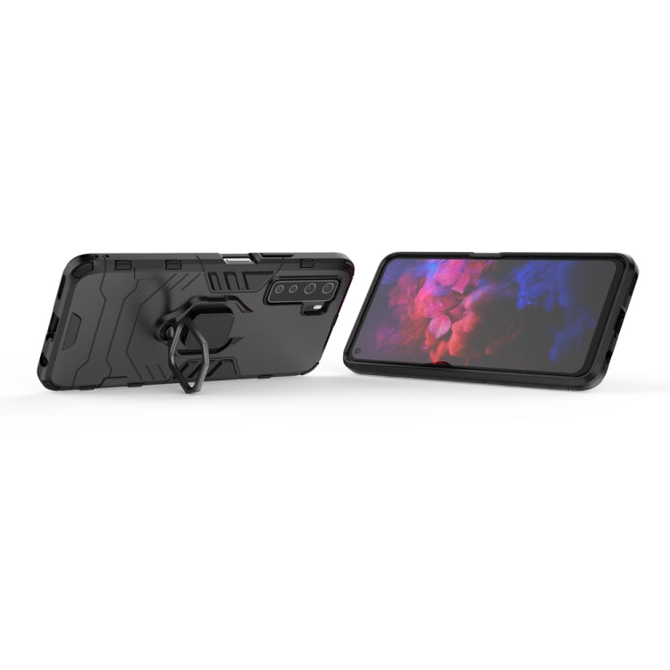 Rugged black phone case with magnetic ring holder and screen-facing opening