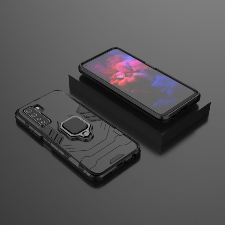 Black rugged phone case with magnetic ring holder, front and back protective coverage