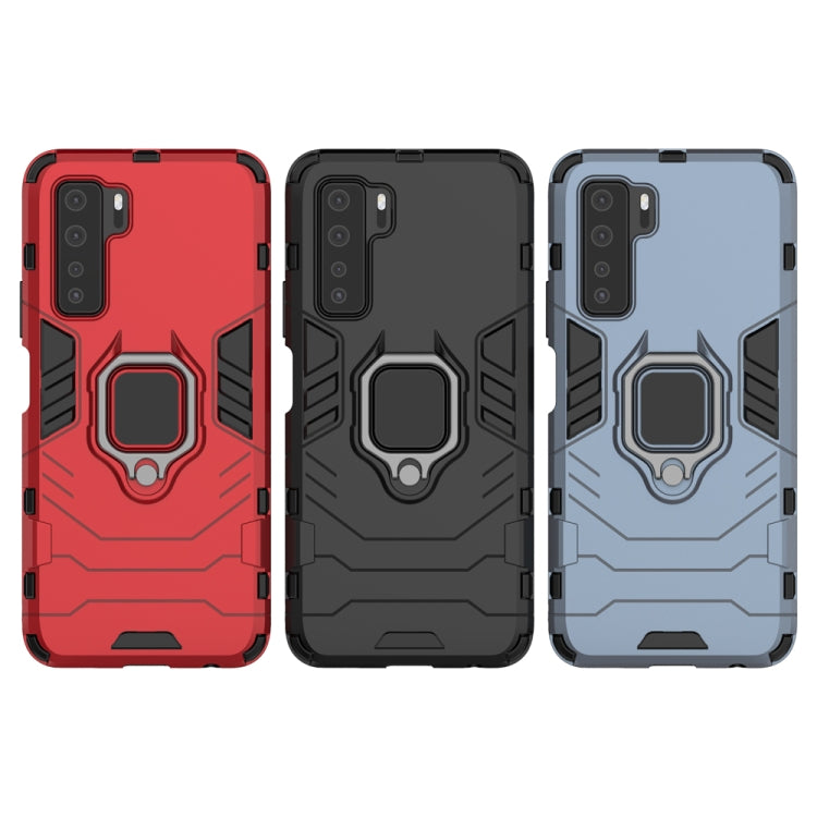 Rugged phone cases in red, black, and light blue with magnetic ring holders
