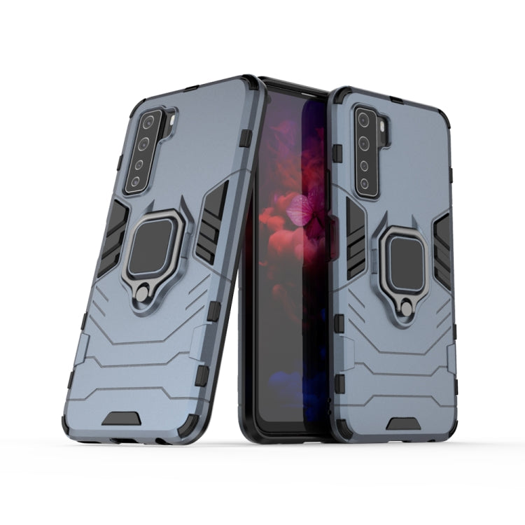 Navy blue rugged phone case with magnetic ring holder and shockproof armor, camera cutouts