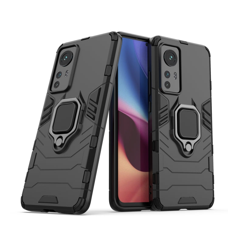 Black shockproof phone case with magnetic ring holder and dual-layer bumper protection