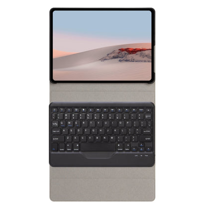 Black Bluetooth keyboard and leather folio case open with tablet screen