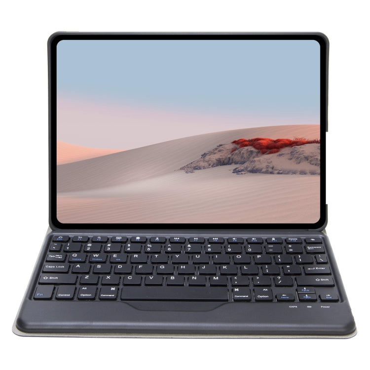 Black Bluetooth keyboard leather case open with tablet screen and dark keys