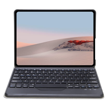 Black Bluetooth keyboard leather case open with tablet screen and dark keys