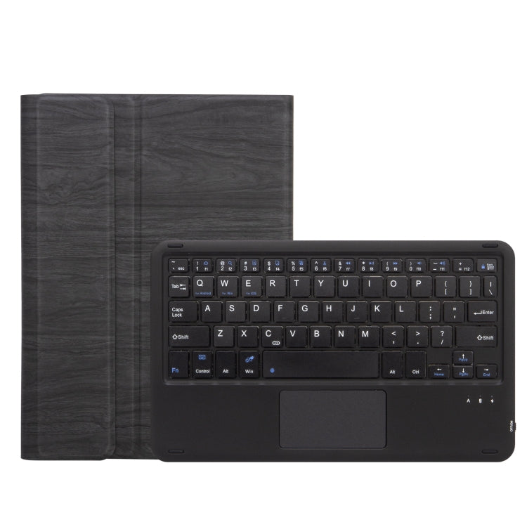 Black keyboard with trackpad inside dark gray leather case, front view