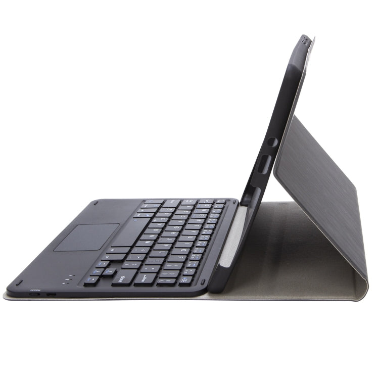 Folded dark gray leather keyboard case stand with built-in keyboard